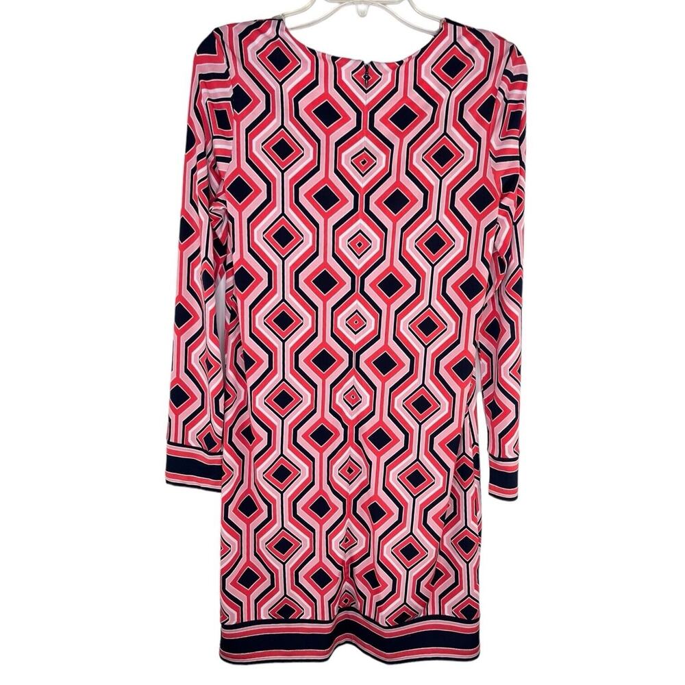Michael Kors Coral Pink White Navy Geometric Print Sheath Long Sl Dress EUC SZ S